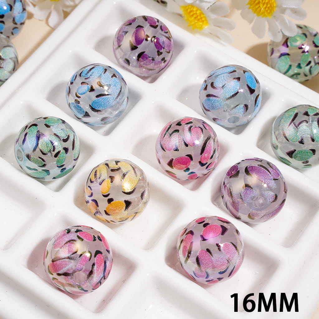 Vibrant Multicolor Leopard Print Pattern UV Coated Round Acrylic Beads, 16MM, Random Mix