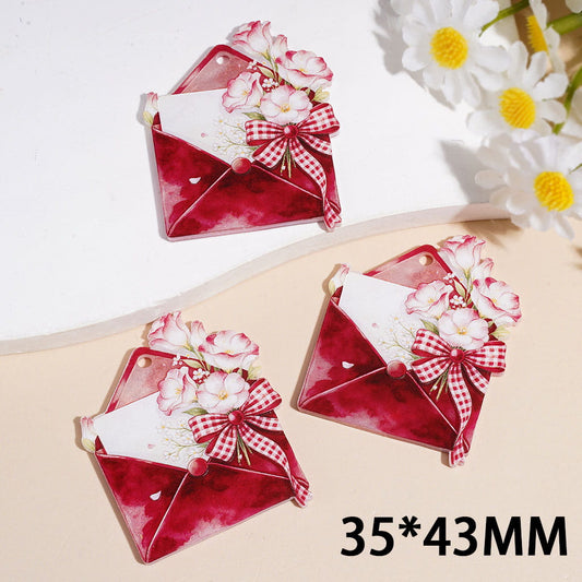 Romantic Flower Bouquet Love Letter Envelope Shaped Acrylic Pendant with Sakura Blossoms & Gingham Bow, Red & White, 35*43MM