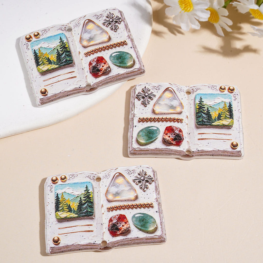 Acrylic Pendants Natural Scenery Book with Gemstones Forest Cross