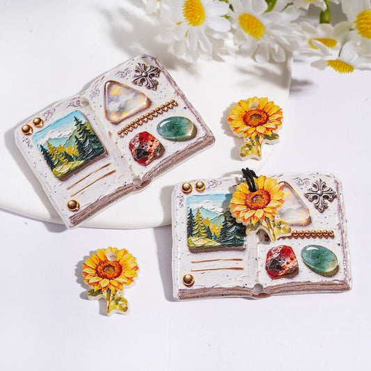 Nature Scenery Open Book & Sunflower Acrylic Beads Pendant, Assorted Shapes, Random Mix