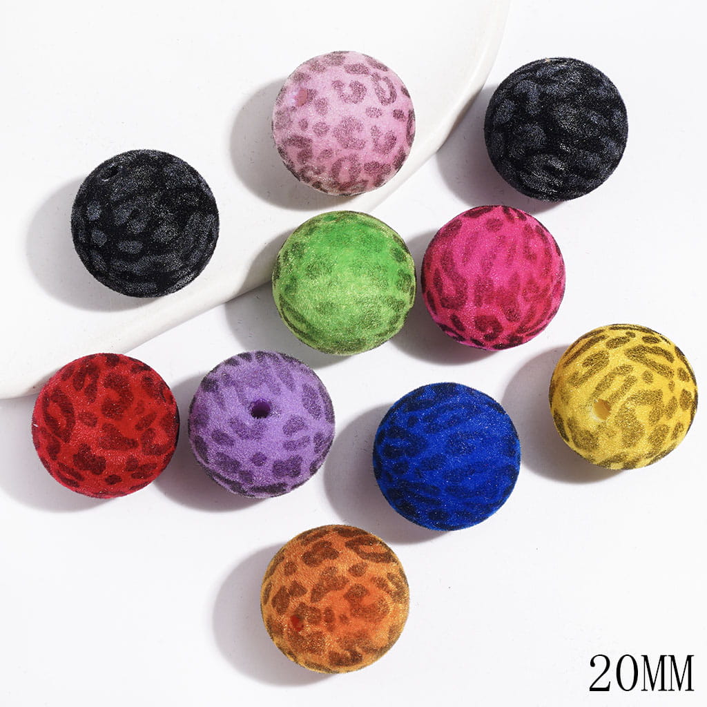 Flocked Fluffy Jaguar Print Acrylic Bracelet Beads, 20MM, Dark Color Series, Random Mix