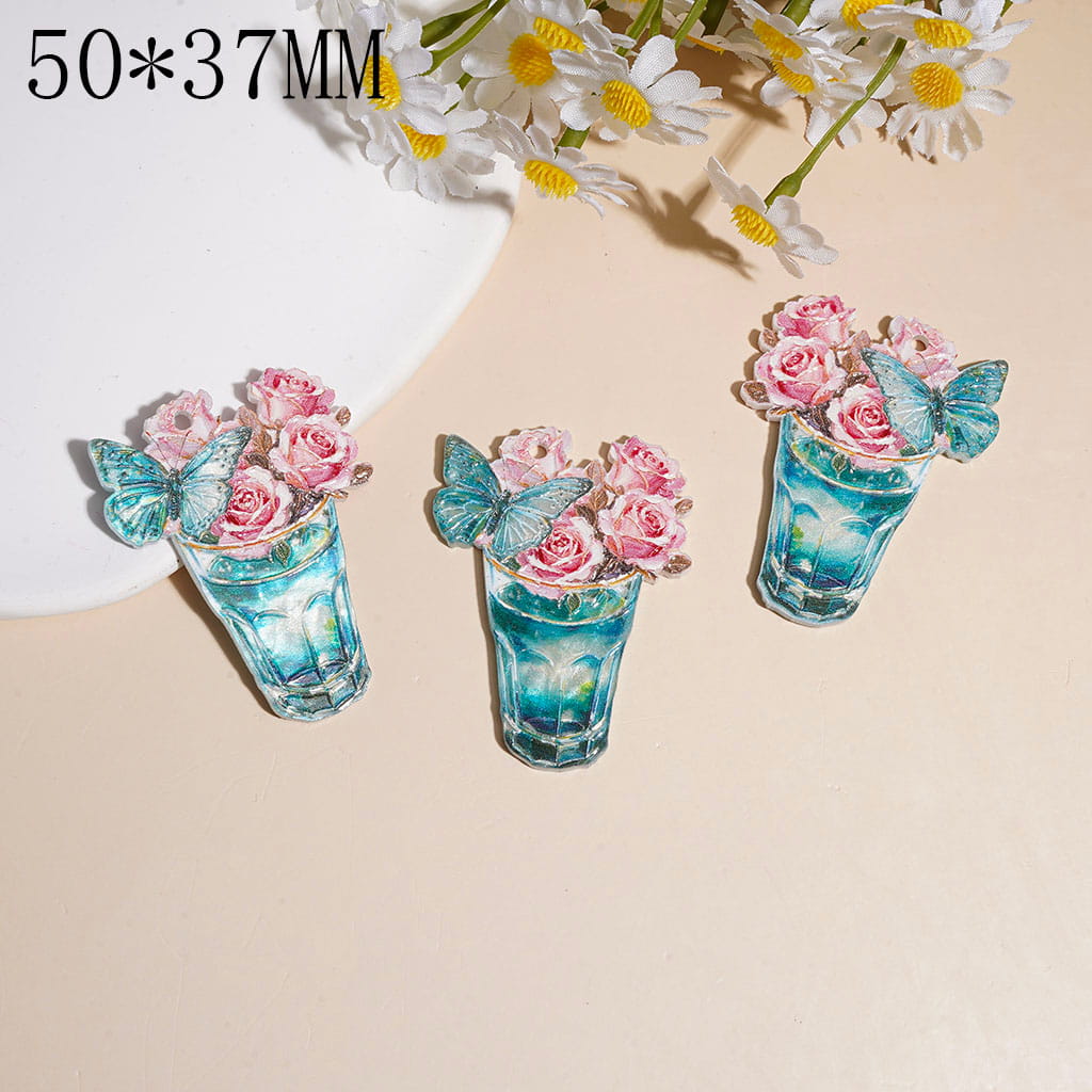 Romantic Rose Flower Bouquet in Glass Vase with Blue Butterfly Acrylic Pendant, 50*37MM