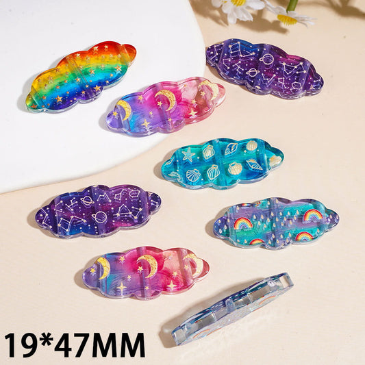 Cute Cloud Shape Acrylic Pendants with Celestial, Rainbow & Sea Life Designs, Three-Hole, 19*47MM, Random Mix
