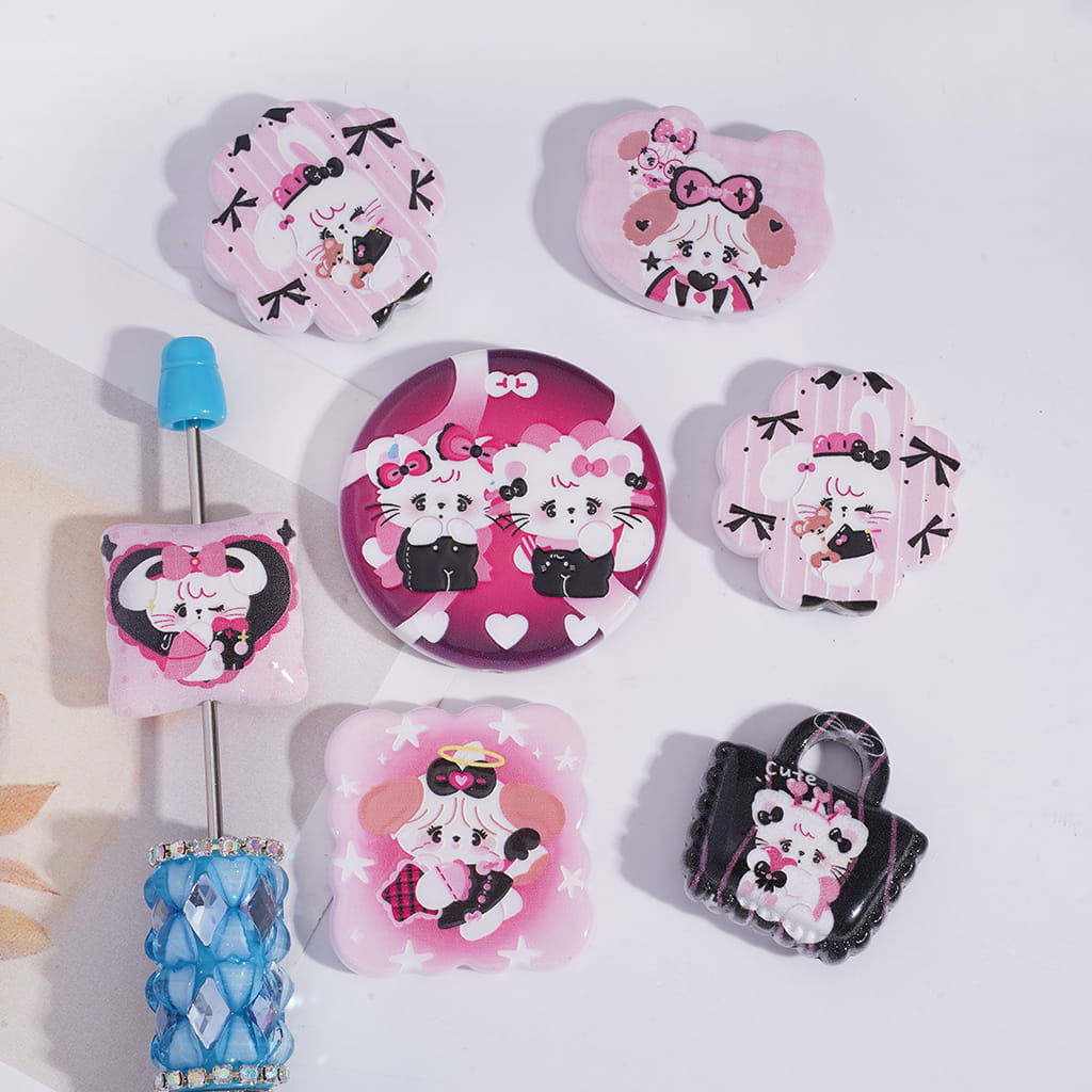 Black Pink Japanese Sweet Girl & Animal Prints, Acrylic Beads Pendant Random Mix