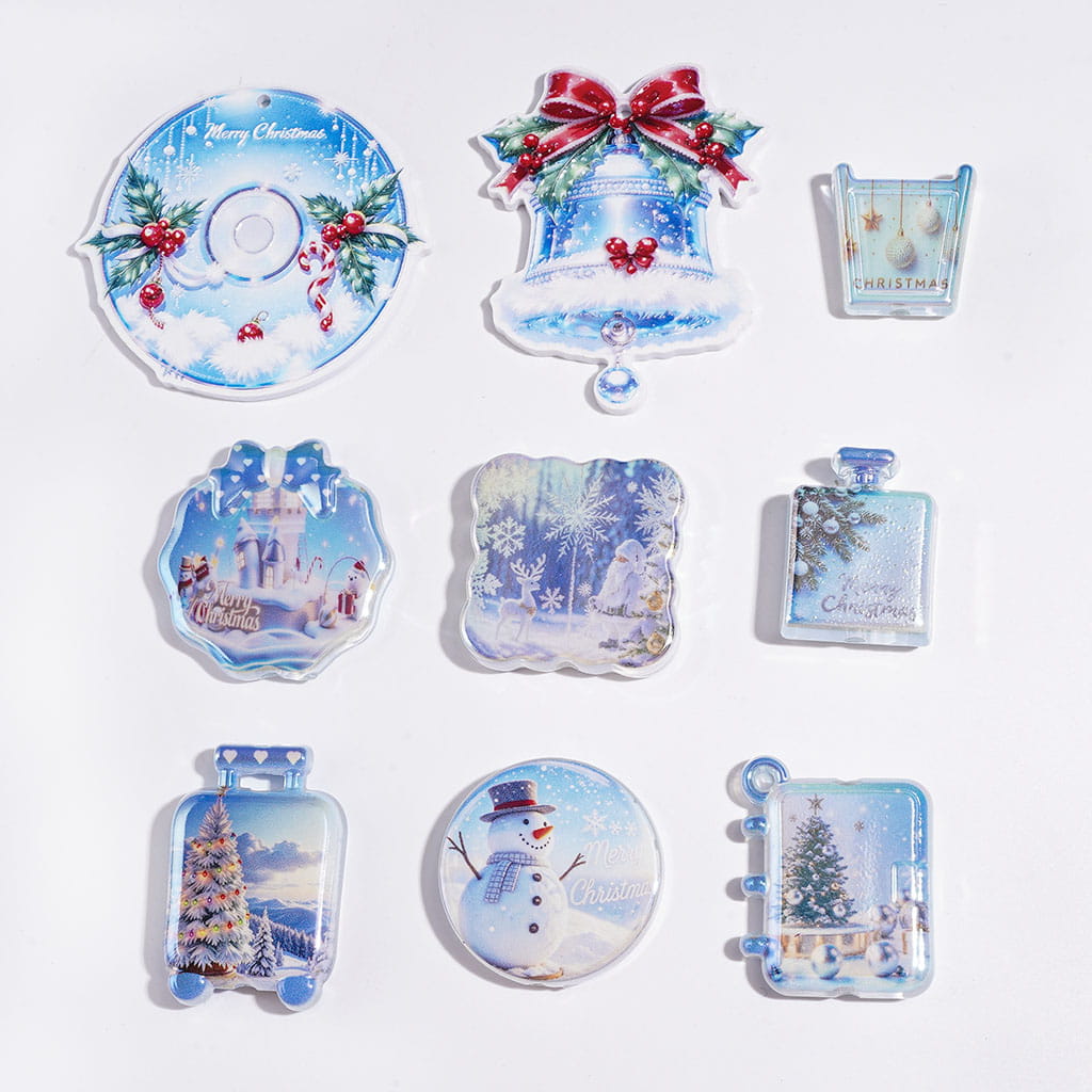 UV-Coated Acrylic Beads and Pendants Winter Snow Day Christmas Theme, Blue White Series, Random Mix