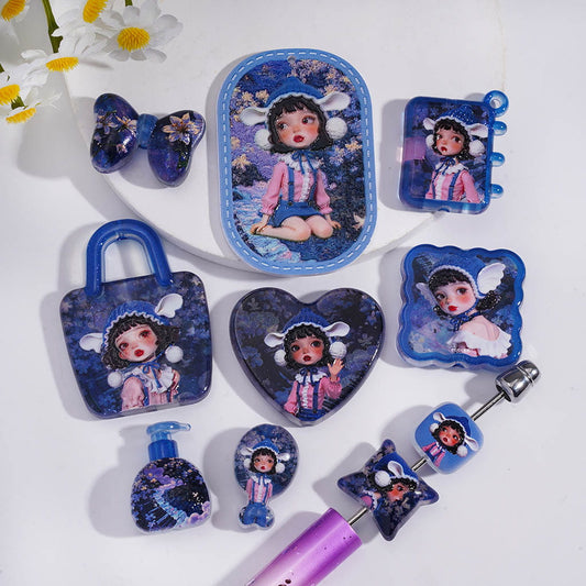 3D Cute Freckled Girl Wearing Hat Blue & Purple Series in Various Shape & Designs Prints Acrylic Beads Pendants Random Mix