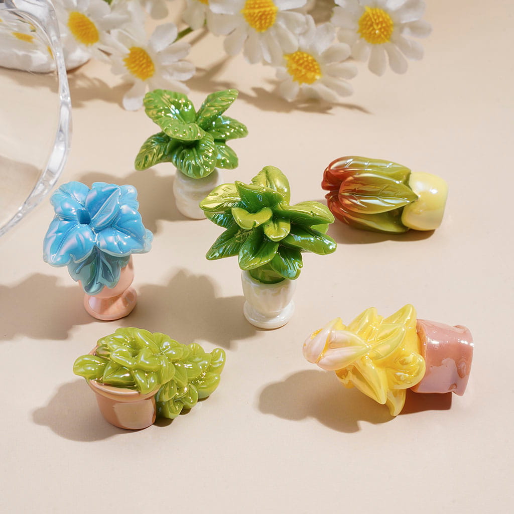 UV Coated Cute Mini Potted Leaf Plant Acrylic Beads, Random Mix