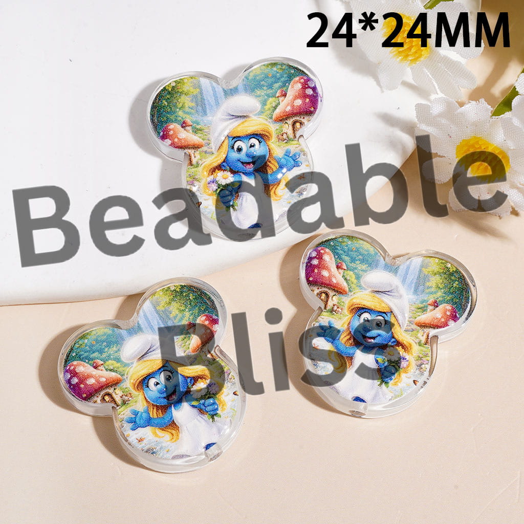 Acrylic Beads Pendant Mouse Head with Blue Elf Character, 24*24MM