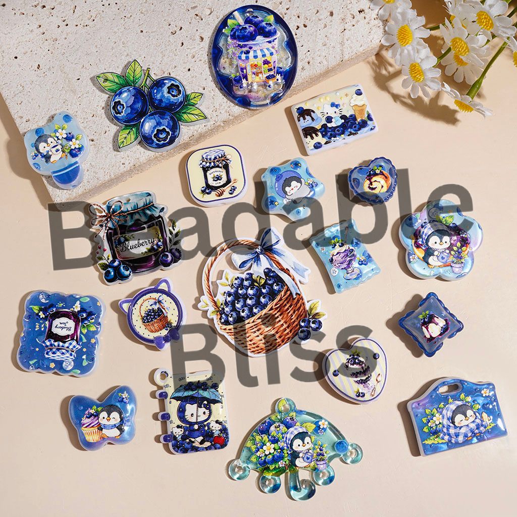 Penguin and Cute Cat Character with Blueberry Jam Bread Ice Cream in Blue Series Acrylic Beads and Pendants, Random Mix