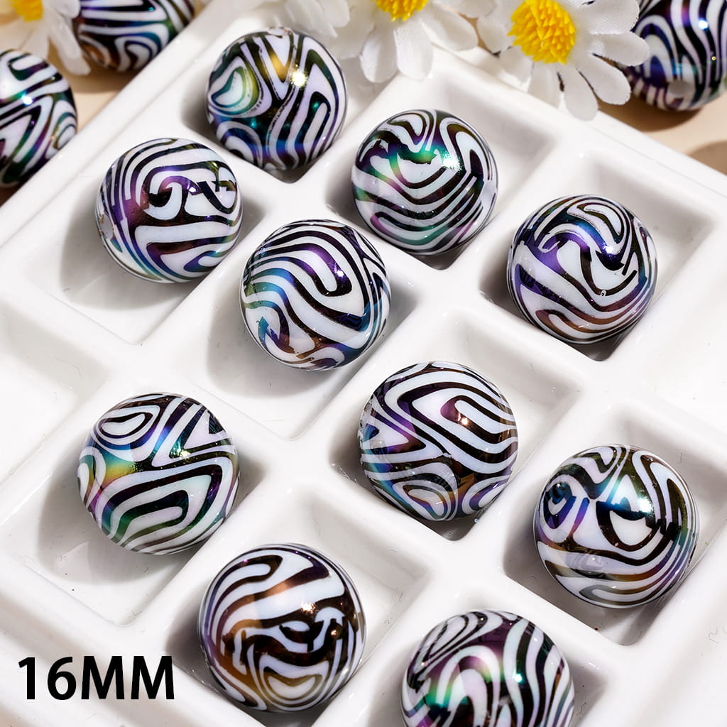 Black and White Zebra Stripe Design Print Glossy UV Coated Round Acrylic Beads for Bracelets, 16MM, Random Mix
