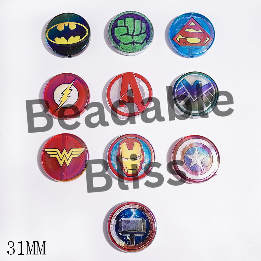 Superhero Characters Series Acrylic Beads, UV Finish, Flat Round Shaped, 31MM Random Mix