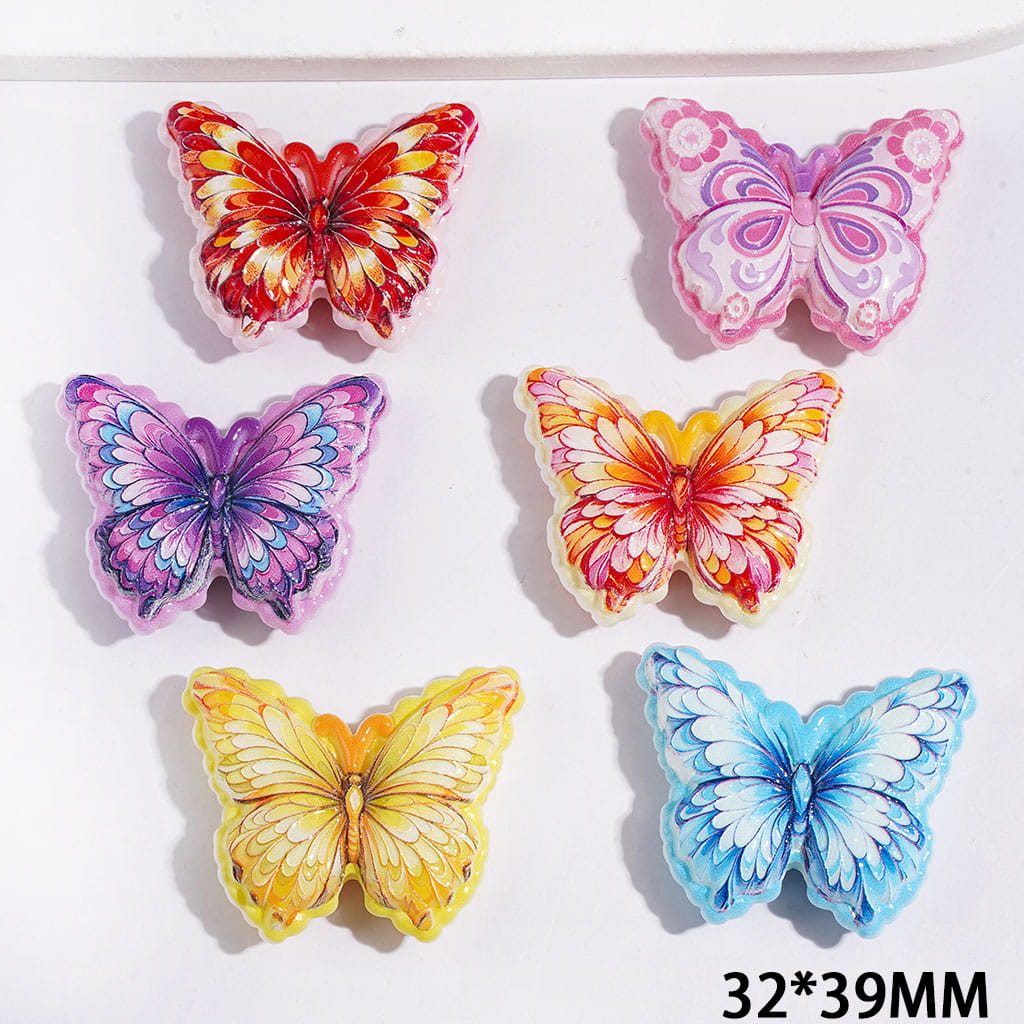 Adorable Butterfly-Shaped with Colorful Wing Pattern Acrylic Beads, 32*39MM, Multicolor, Random Mix