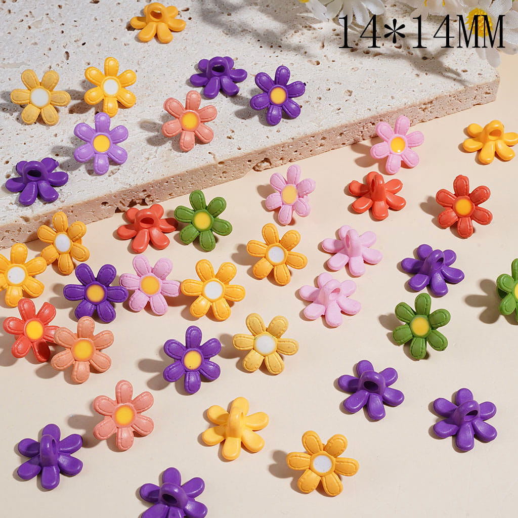 Cute Six-Petal Daisy Flower Acrylic Bead Pendants, 14*14MM, Bright Candy Colors, Multi Colors Random Mix