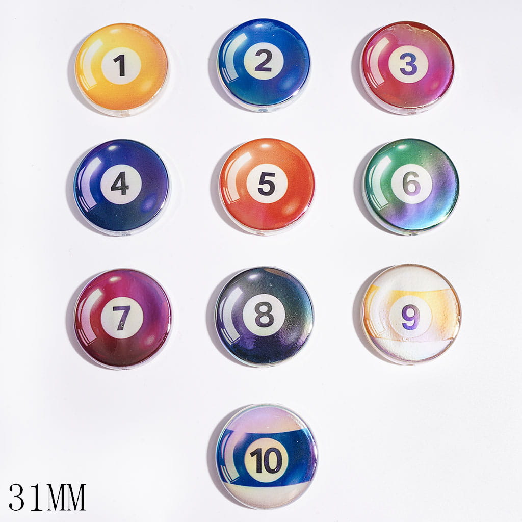 UV-Coated Acrylic Beads Billiards Series, Flat Round Shaped, 31MM Random Mix