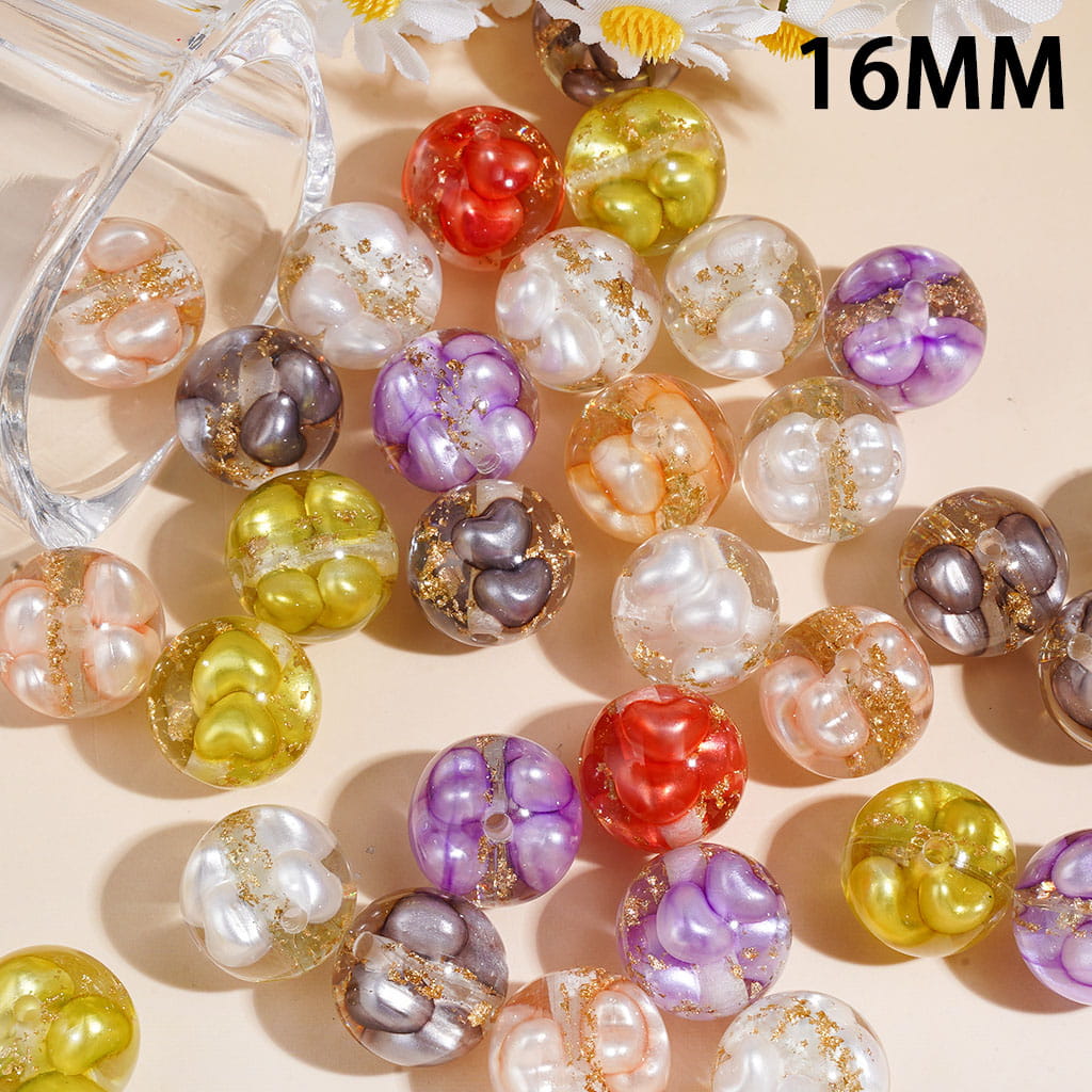 Transparent Floral Pattern Acrylic Beads for Bracelets Hearts and Gold Foil Accents, Round Shape, 16MM, Random Mix