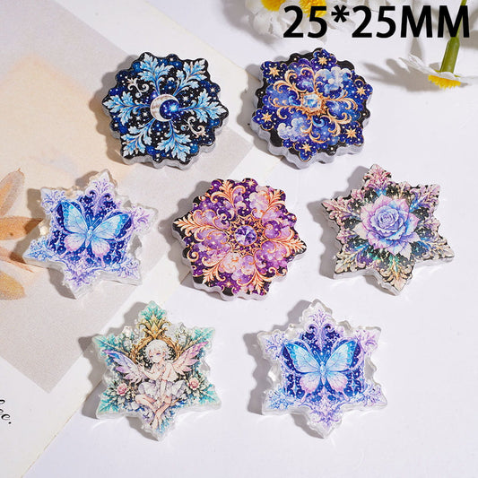 Dreamy Snowflake Acrylic Beads with Butterfly, Fairy, Moon & Floral Designs Print, 25*25MM, Random Mix
