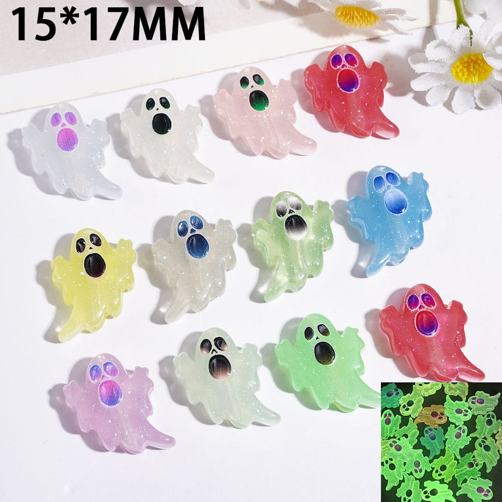 Cute Luminous Ghost Character Series, Glittery Pastel Acrylic Beads, 15*17MM, Multi-Color, Random Mix