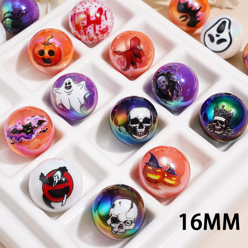 UV Coating Acrylic Beads for Bracelets w Halloween Horror Character Series Print, 16MM, Random Mix