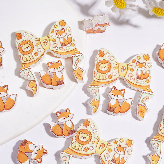 Ribbon Bow with Cute Lion & Fox Mushroom Characters Print with Fox Piece, Light Orange-Yellow Series Acrylic Beads, (Please Read Description)