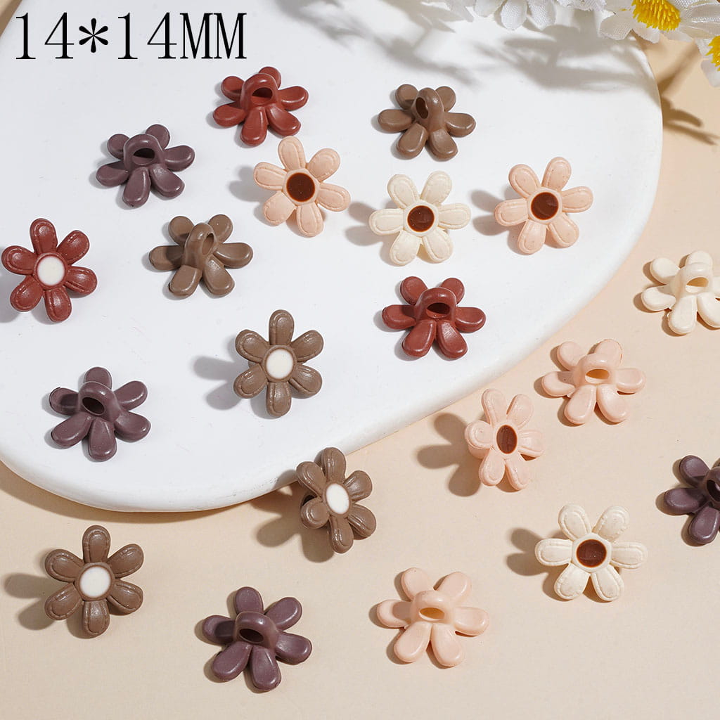 Cute Six-Petal Daisy Flower Acrylic Bead Pendants, 14*14MM, Warm Brown Series, Multi Colors Random Mix