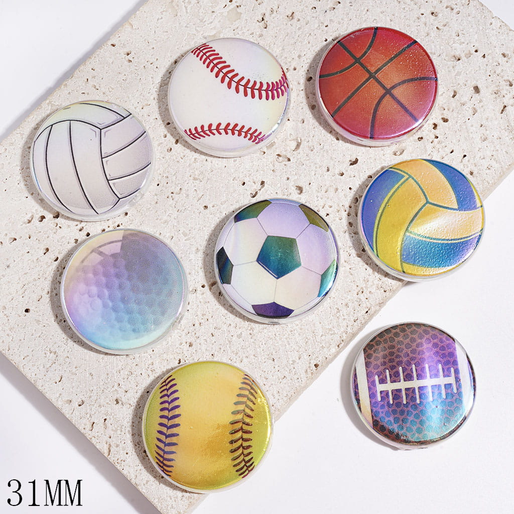 Volleyball Baseball Basketball Football Golf Rugby Series Acrylic Beads, UV Finish, Flat Round Shape, 31MM Random Mix