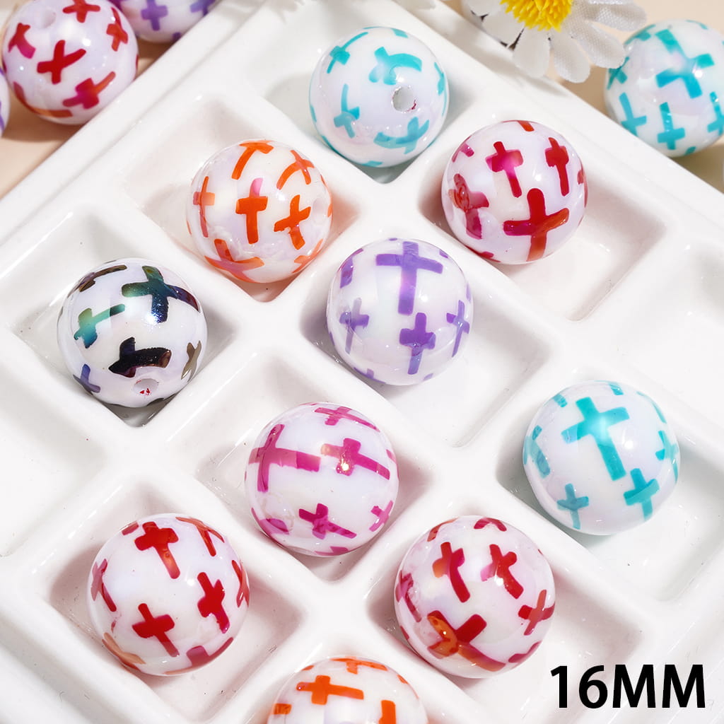 Vibrant Multicolor Cross Pattern Glossy UV Coated Printed Round Acrylic Beads, 16MM, Random Mix