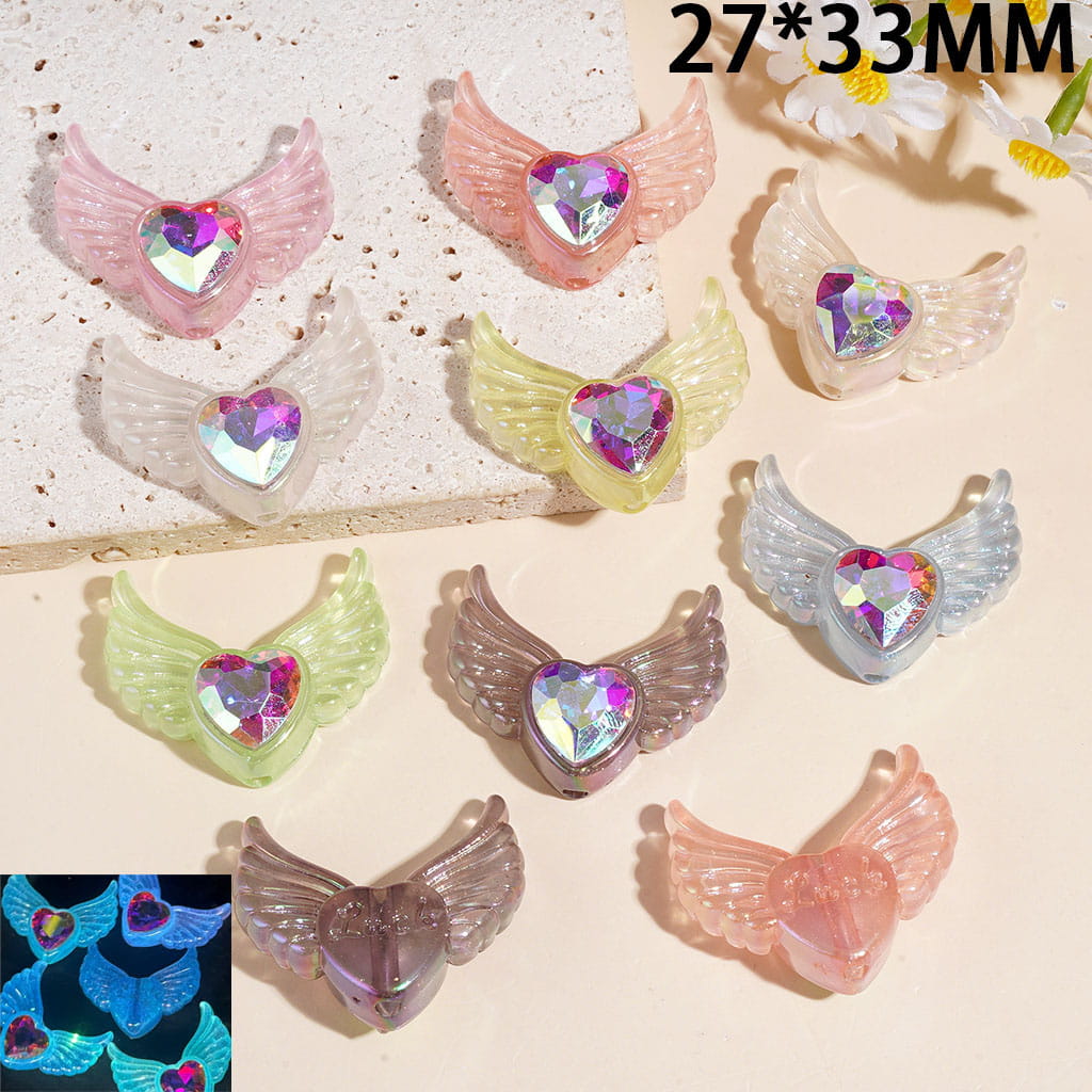 Luminous UV-Coated Acrylic Beads with Angel Wings and Heart Shaped AB Rhinestone, 27*33MM Random Mix Multi-Color