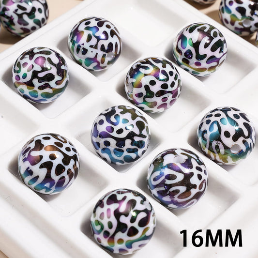 UV Coated Shiny Iridescent Colorful Cow Print Pattern Round Acrylic Beads for Bracelets, 16MM