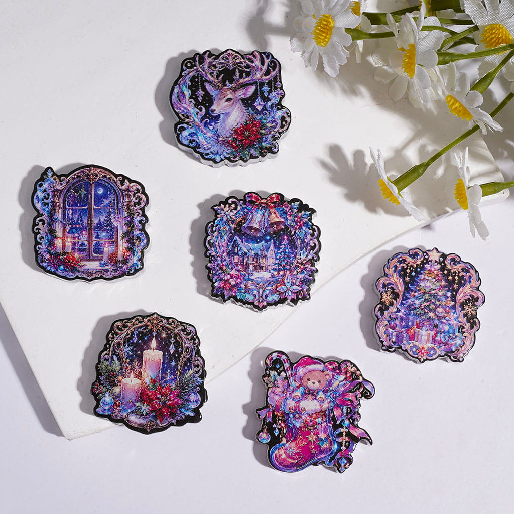 Christmas Theme Acrylic Beads, Sock Tree Bell Reindeer House Candlestick Arched Window, Retro Dreamy Purple Series, Random Mix