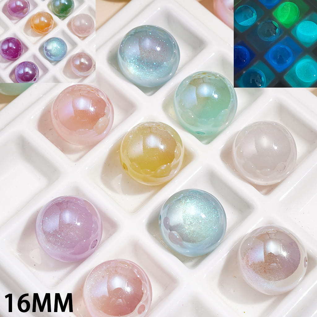 Color-Changing Luminous Pastel Glitter Translucent Round Acrylic Beads for Bracelets, 16MM, Random Mix