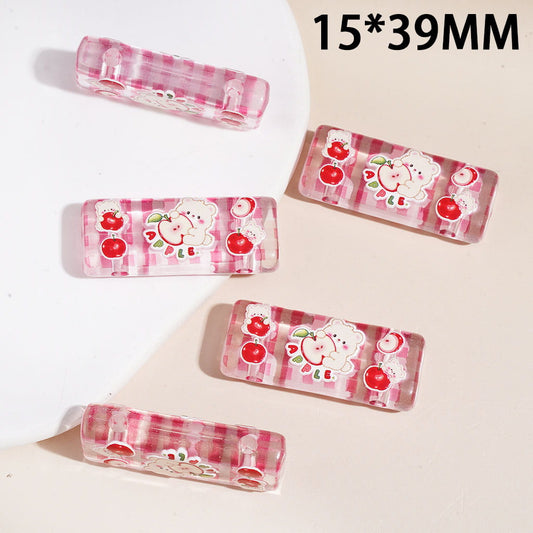 Cute Apple Bear Printed Rectangle Acrylic Beads, Double Hole, 15×39MM