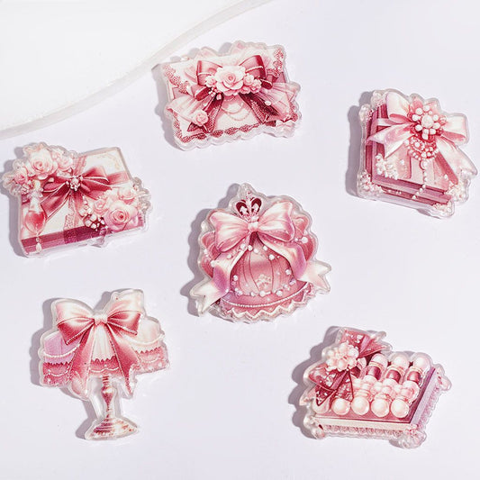 Cute Gift Box, Cake & Bowtie Design Pink Series Semi-Clear Acrylic Beads, Random Mix