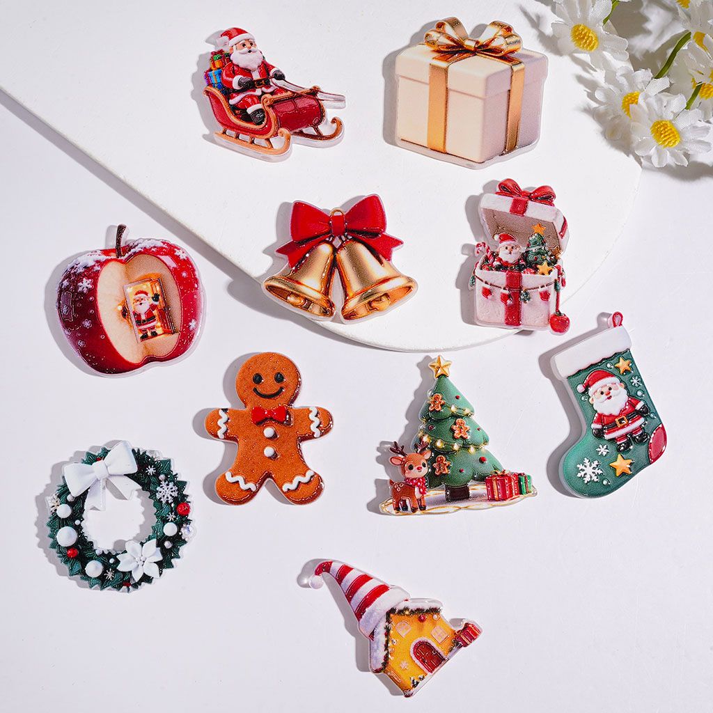 Acrylic Beads with Santa Claus Gingerbread Man Christmas Tree House Sock Gift Box Bell Wreath Sleigh Apple, Random Mix