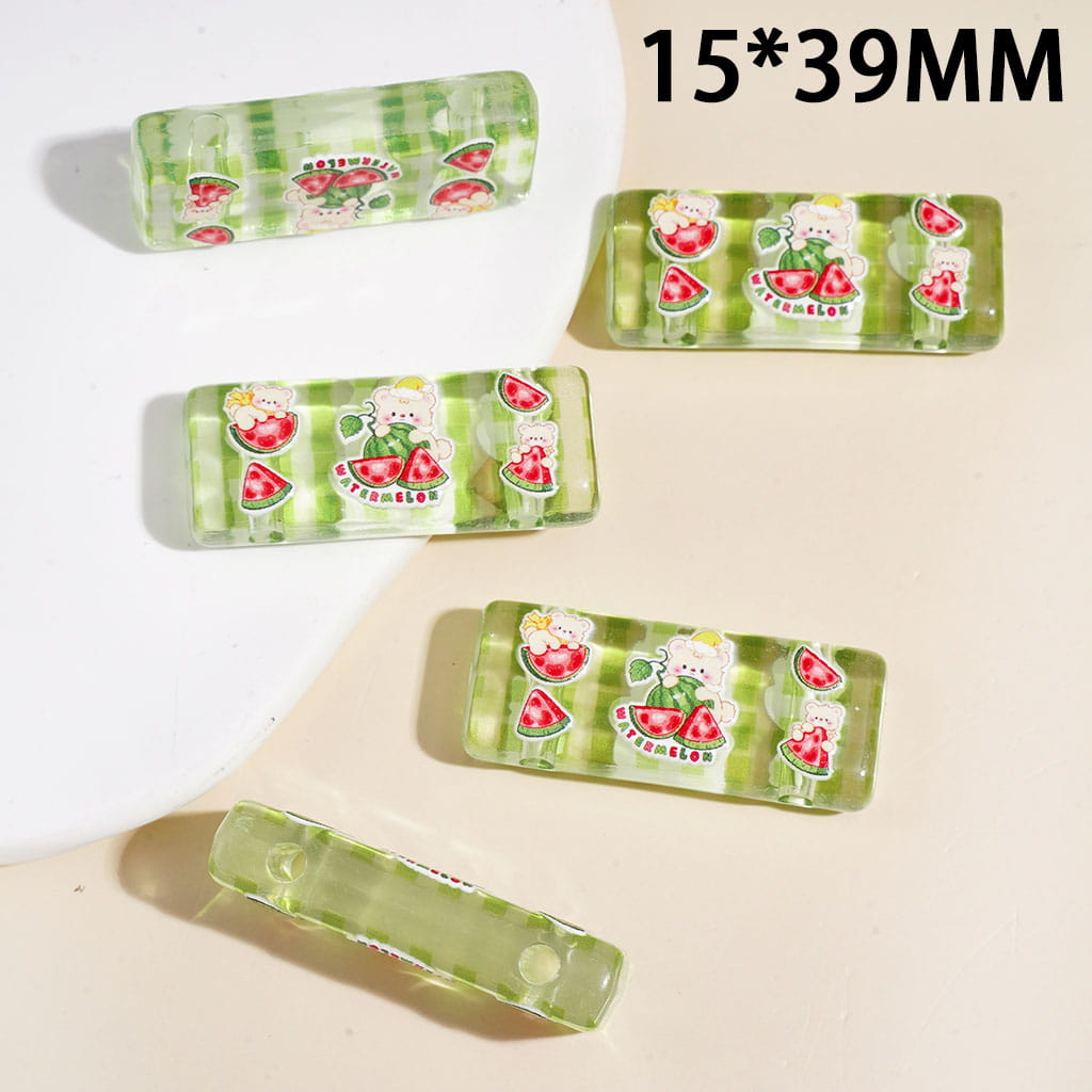Cute Watermelon Bear Printed Rectangle Acrylic Beads, Double Holes, 15*39MM
