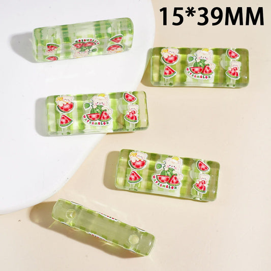 Cute Watermelon Bear Printed Rectangle Acrylic Beads, Double Holes, 15*39MM