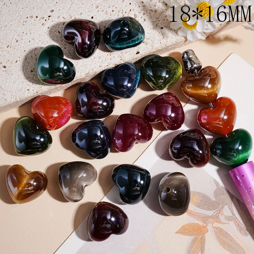 Acrylic Beads Heart with Cat Eye Style and Glitter in Various Colors, 18*16MM Random Mix