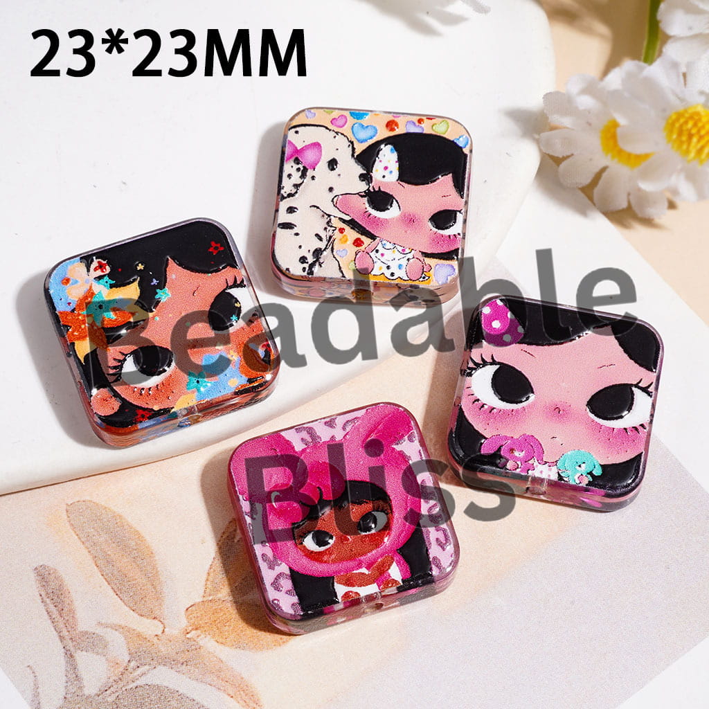 Big Eyes Girl Character Series Acrylic Beads, Flat Square Shape, 23*23MM Random Mix