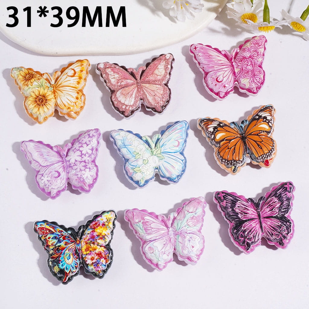 Dreamy Butterfly with with Flower on Wings, Acrylic Beads, 31*39MM, Variant Designs, Random Mix
