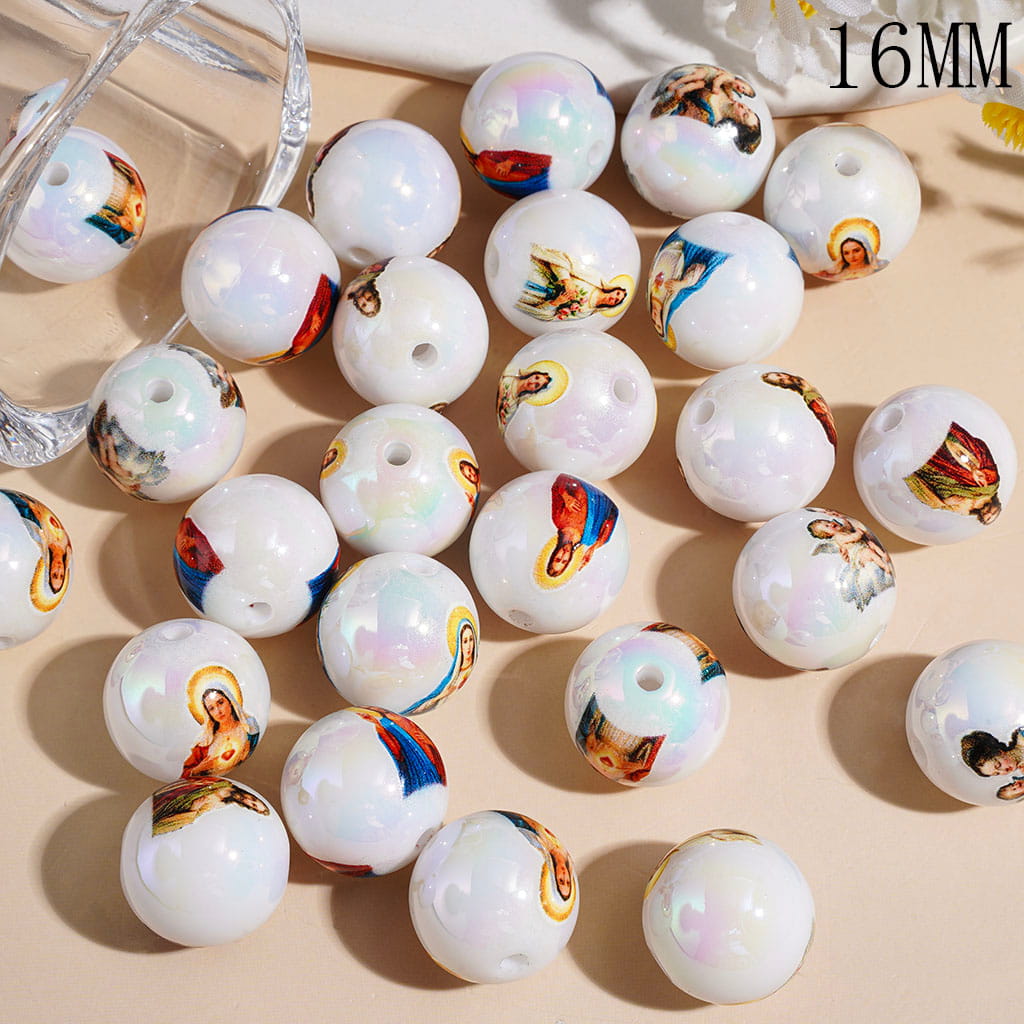 16MM - Acrylic Beads for Bracelets & Necklace UV Coating with Christianity Jesus Mary Series Prints, Random Mix