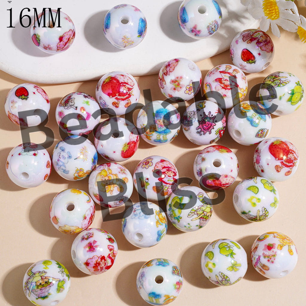UV-Coated Acrylic Beads for Bracelets & Necklace Berry Girl Character, 16MM, Various Colors, Random Mix
