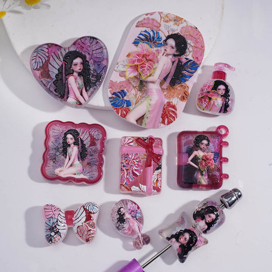 3D Beautiful Girl with Tropical Plant Prints Series in Various Shape & Designs Prints Acrylic Beads Pendants Random Mix