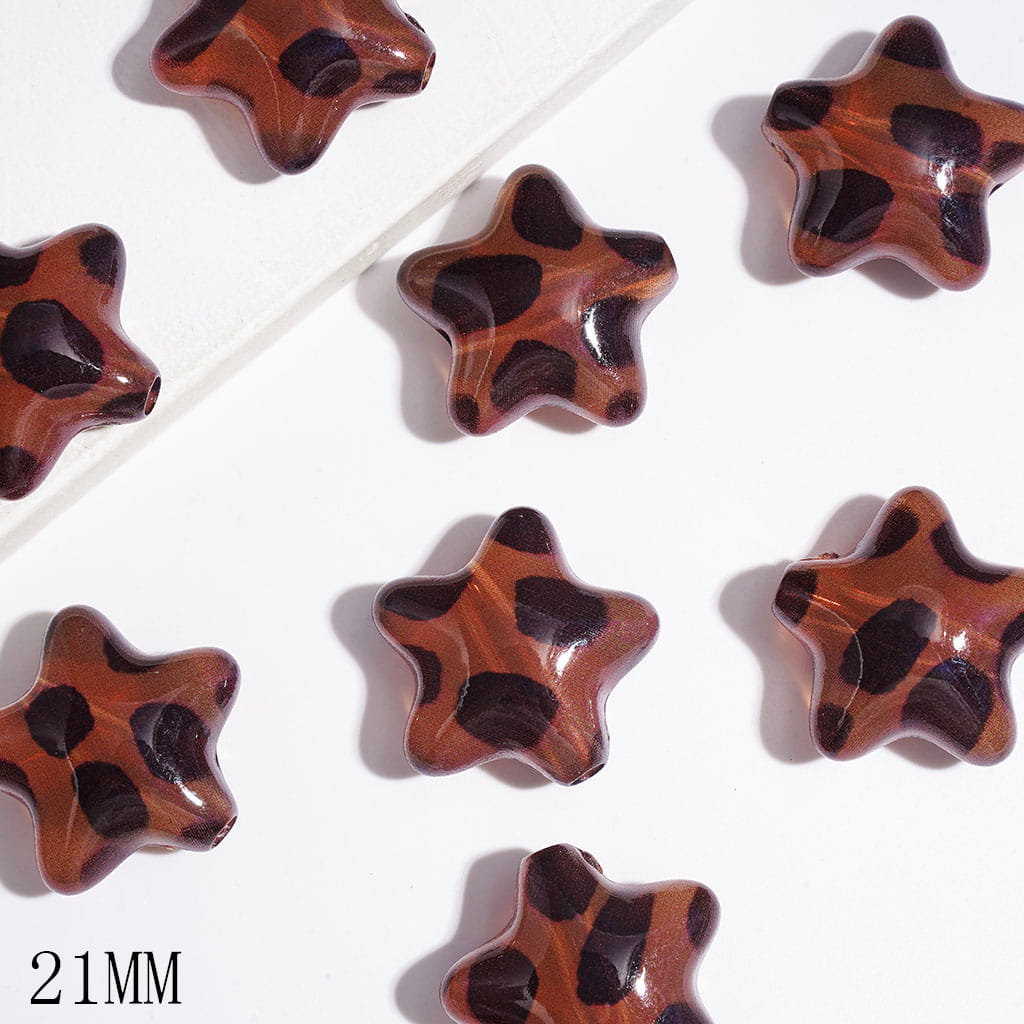 Wild Leopard Black Spots Print Pattern Red Brown Star Shaped Acrylic Beads for DIY Bracelets, 21MM