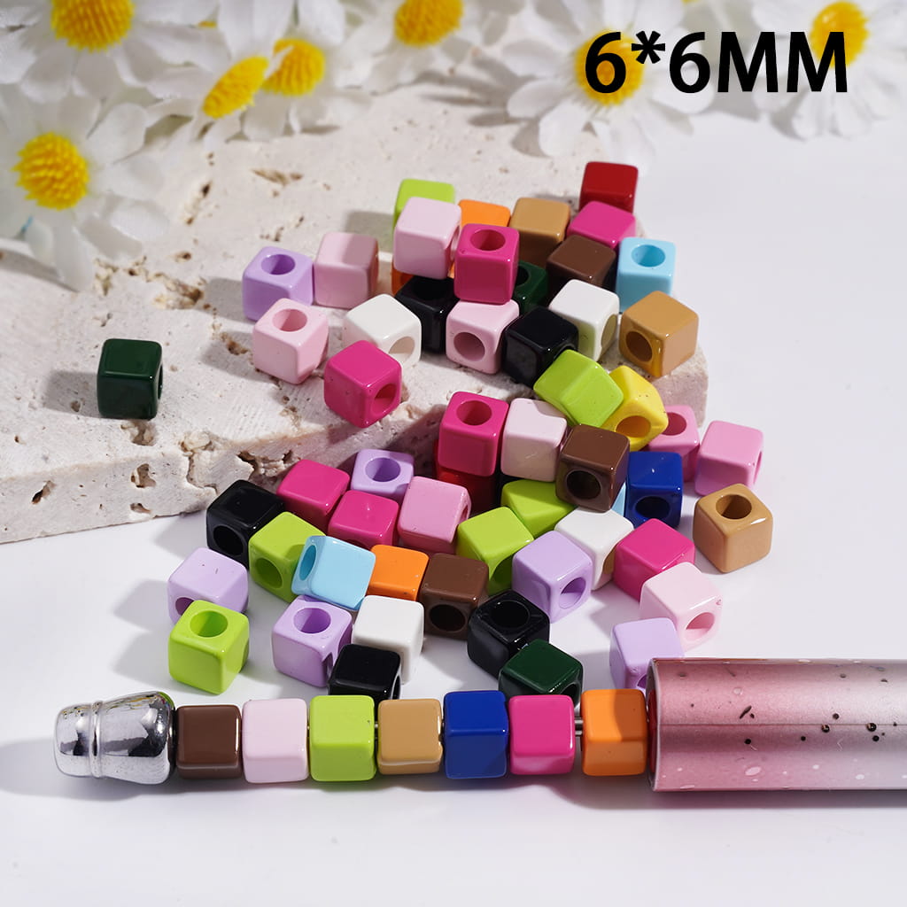 Mini Square Cube Shape in Solid Color Acrylic Beads 6*6MM, Random Mix (The Hole Diameter is Around 3MM)