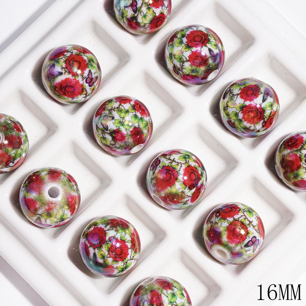 UV-Coated Elegant Red Rose, Green Leaf and Butterfly Pattern Round Acrylic Beads for Bracelets, 16MM