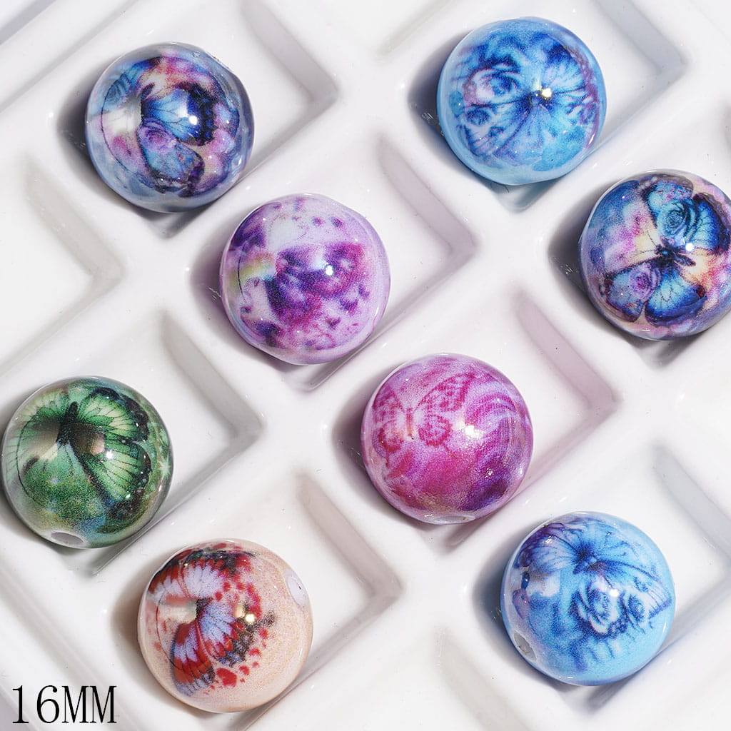 UV-Finish Dreamy Butterfly Pattern Glossy Round Acrylic Beads for Bracelets, 16MM, Multi-Color, Random Mix