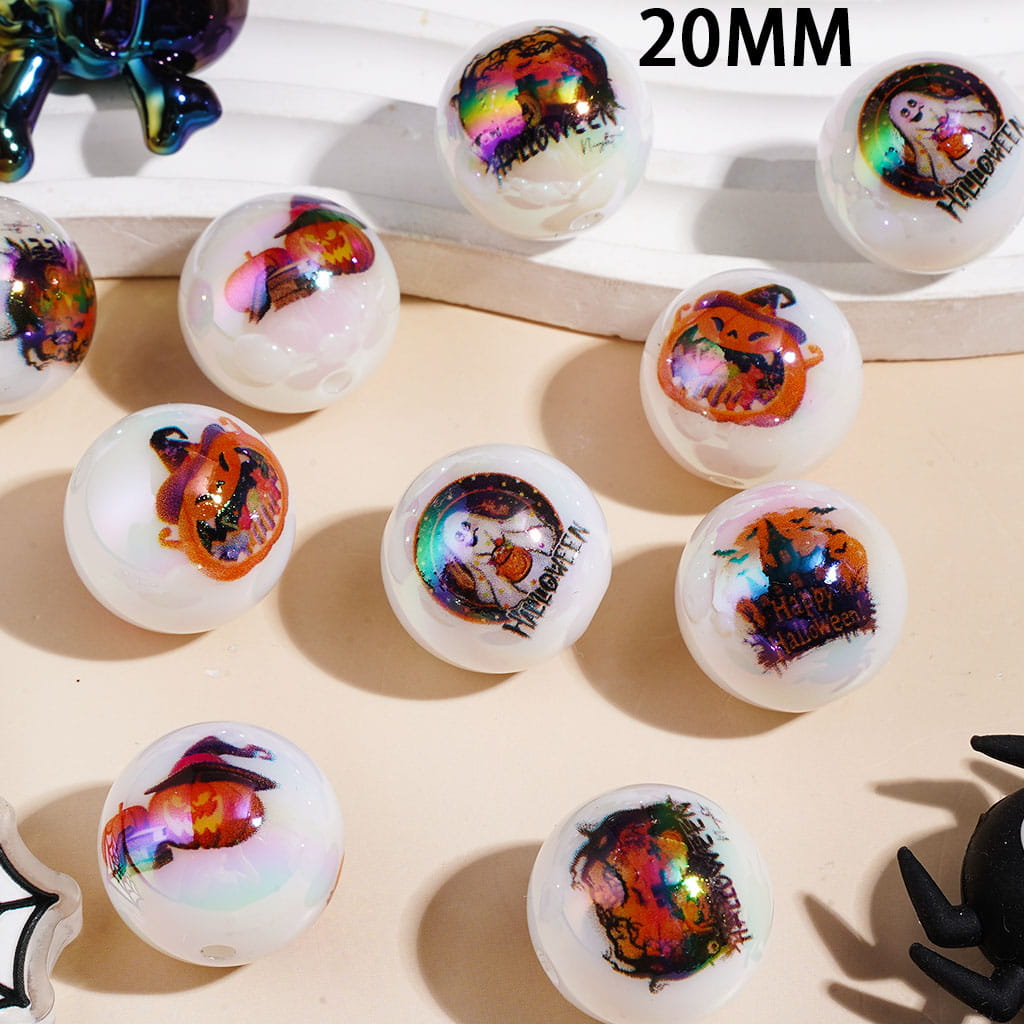 UV-Coated Acrylic Beads for Bracelets Halloween with Horror Pumpkin Ghost Series, 20MM Random Mix