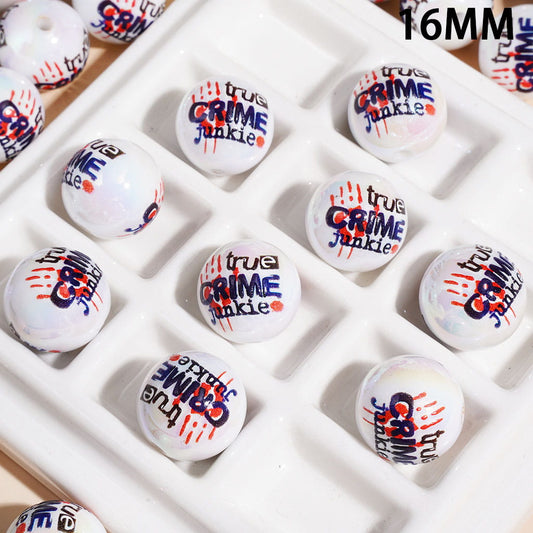 UV Coating with Text "true CRIME junkie" & Red Palm Prints, Acrylic Beads for Bracelets, 16MM Random Mix
