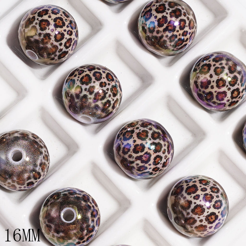 Acrylic Beads for Bracelets UV-Coated with Plum Blossom Shaped Leopard Patterns, 16MM