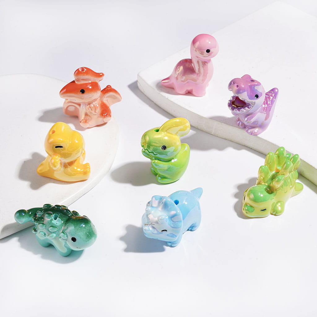 UV-Coated Playful Dinosaur Character Series Acrylic Beads, Random Mix