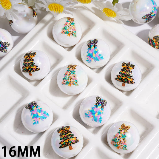 UV Coated White Iridescent Butterfly & Bee Printed Round Acrylic Beads for Bracelets, 16MM, Assorted Designs, Random Mix